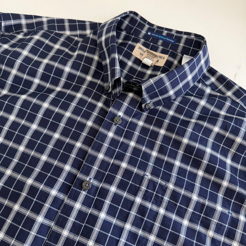 Duluth Trading Co MagnaReady Wrinklefighter Plaid Shirt Mens XL Navy Adaptive